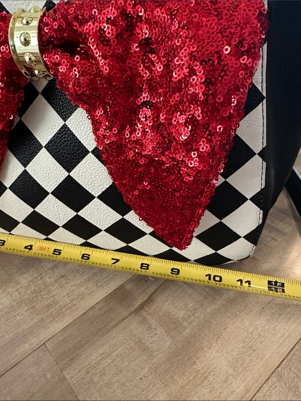 Betsey Johnson Black & White Checker Satchel with Red Sequin Bow
